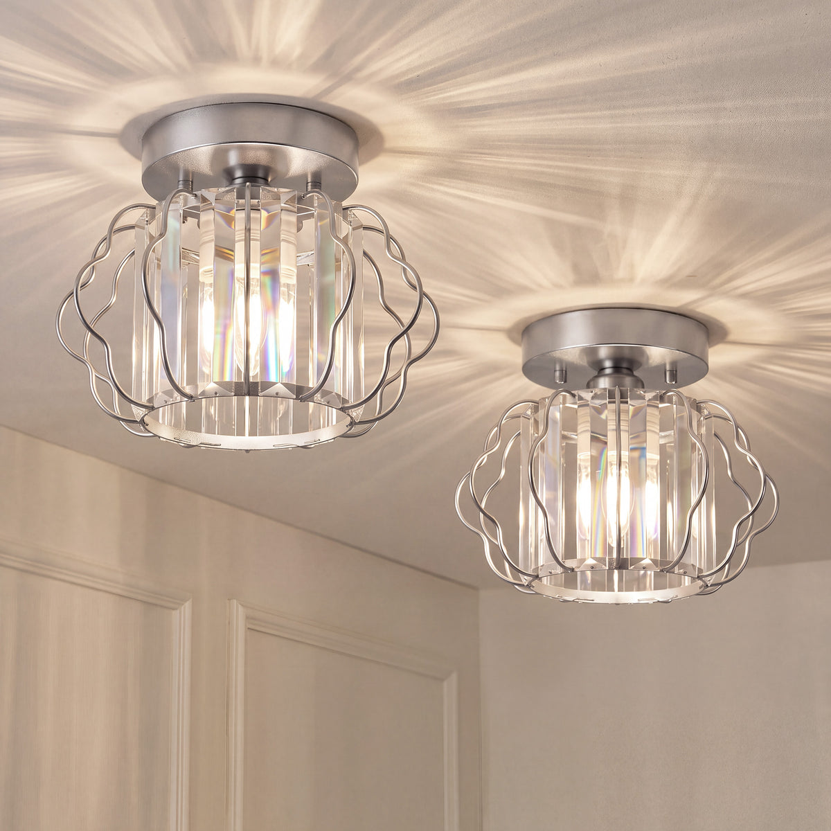 Set of 2 Crystal Ceiling Lights (E27 Bulbs Not Included) - Silver Tone