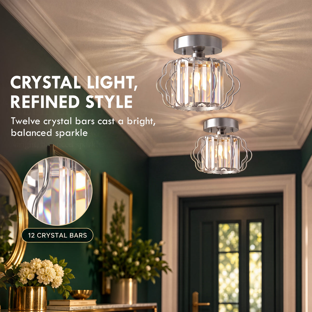 Set of 2 Crystal Ceiling Lights (E27 Bulbs Not Included) - Silver Tone