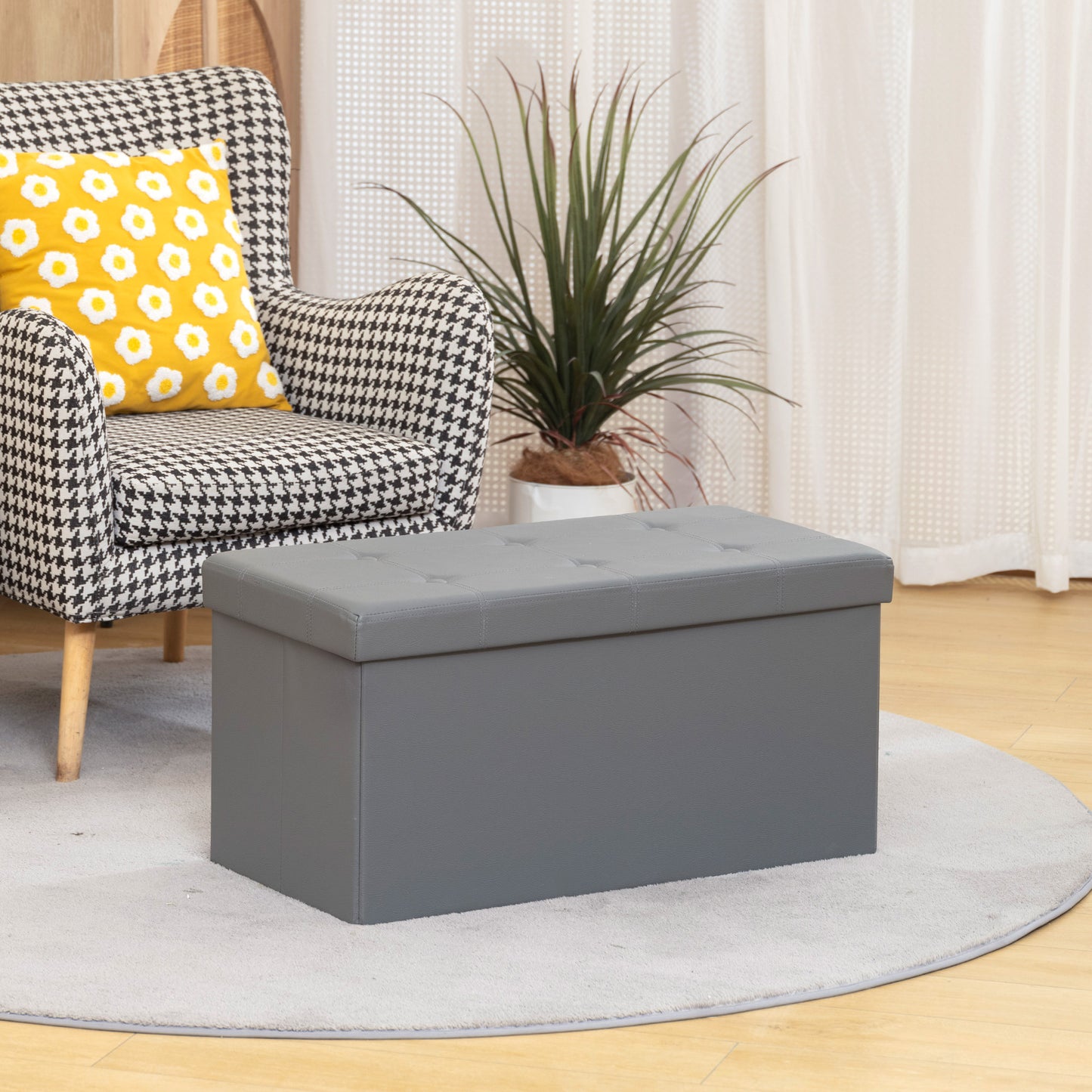 Storage Ottoman Bench, 89L PU Leather Folding Foot Rest, Grey