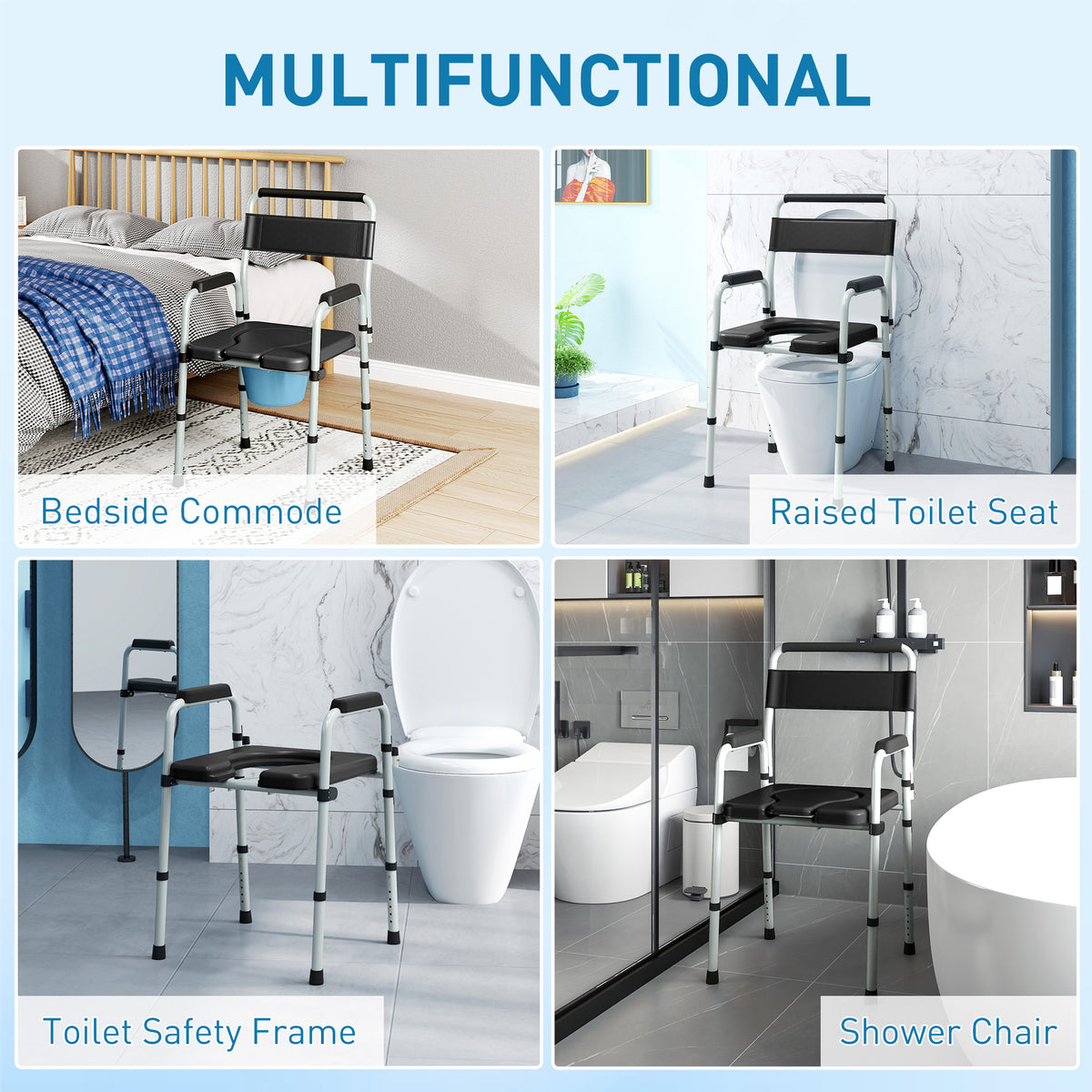 Commode Chair for Elderly w/ Arms and Back, Removable Bucket, Black