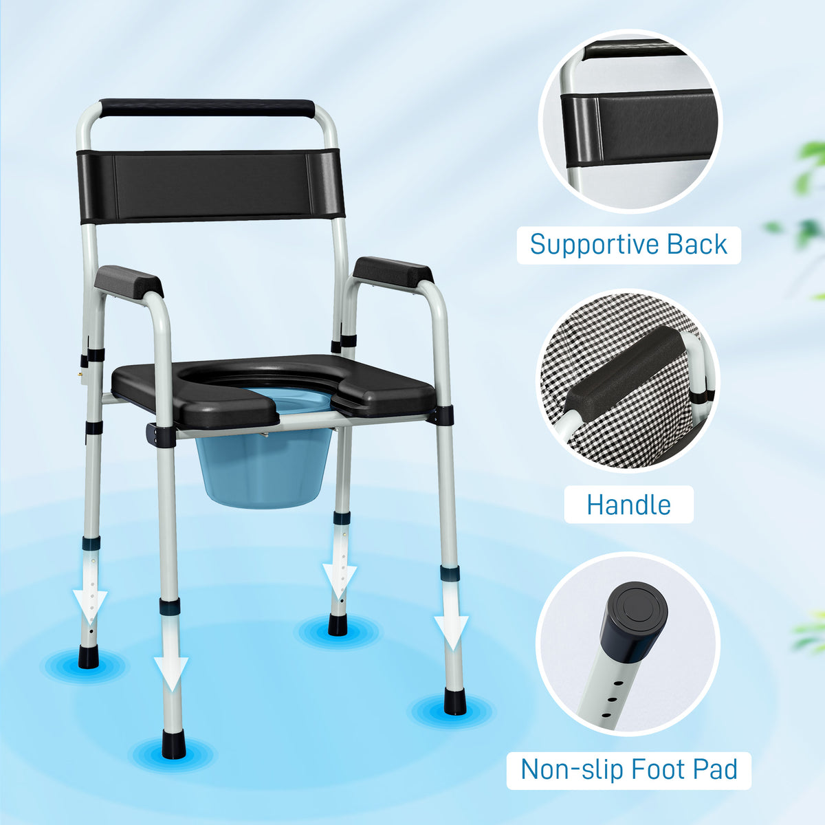 Commode Chair for Elderly w/ Arms and Back, Removable Bucket, Black