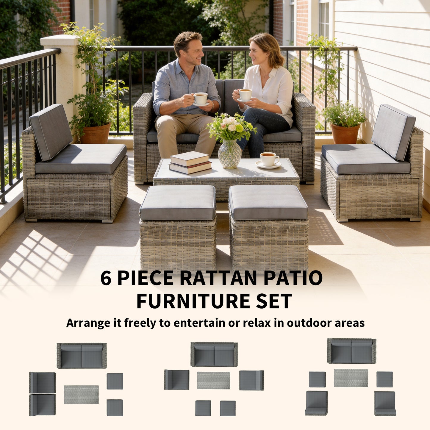 6 Piece Rattan Garden Furniture Set, Nesting Patio Conversation Set