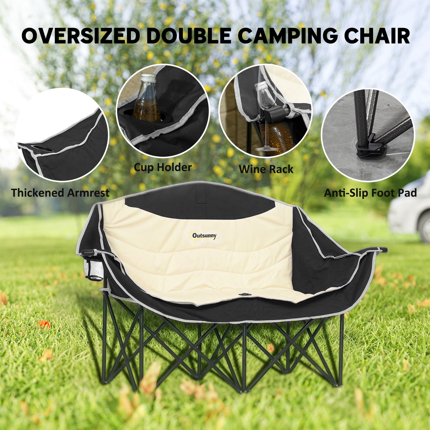 Double Camping Chair for Adults with Armrests, Cup Holders, Khaki