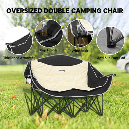 Double Camping Chair for Adults with Armrests, Cup Holders, Khaki
