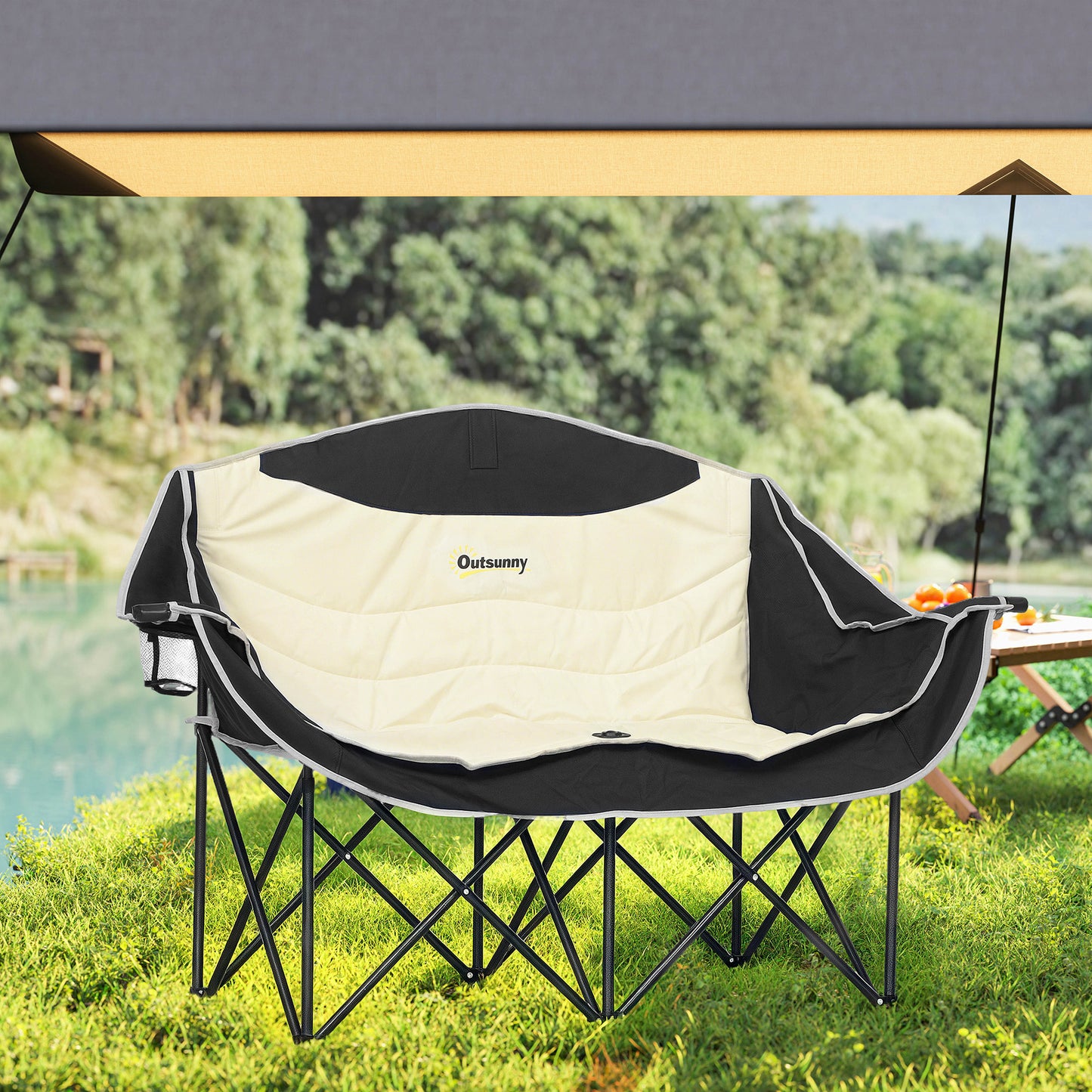 Double Camping Chair for Adults with Armrests, Cup Holders, Khaki
