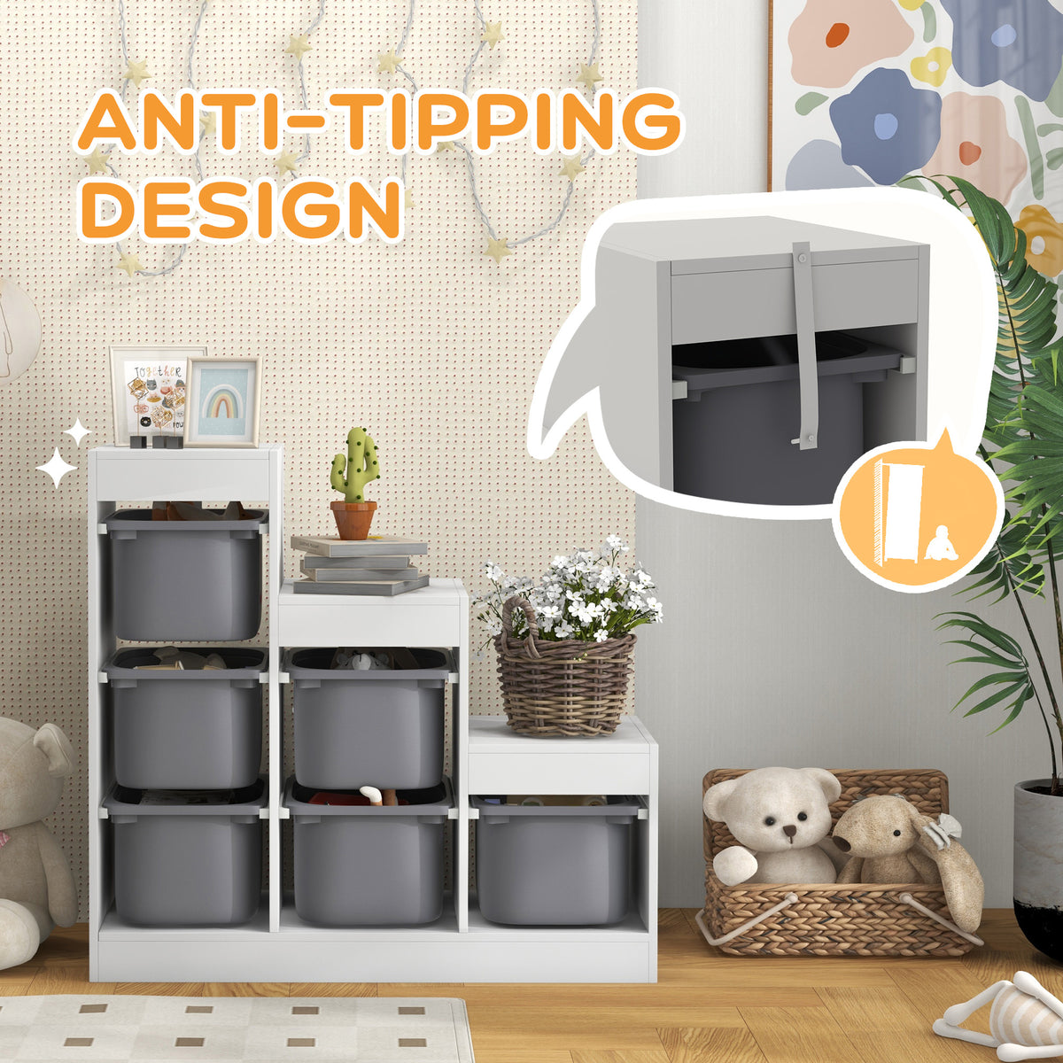 3-Layer Kids Toy Storage Unit with 6 Removable Bins, Grey