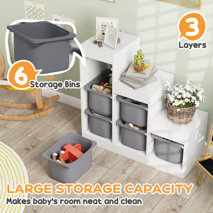 3-Layer Kids Toy Storage Unit with 6 Removable Bins, Grey