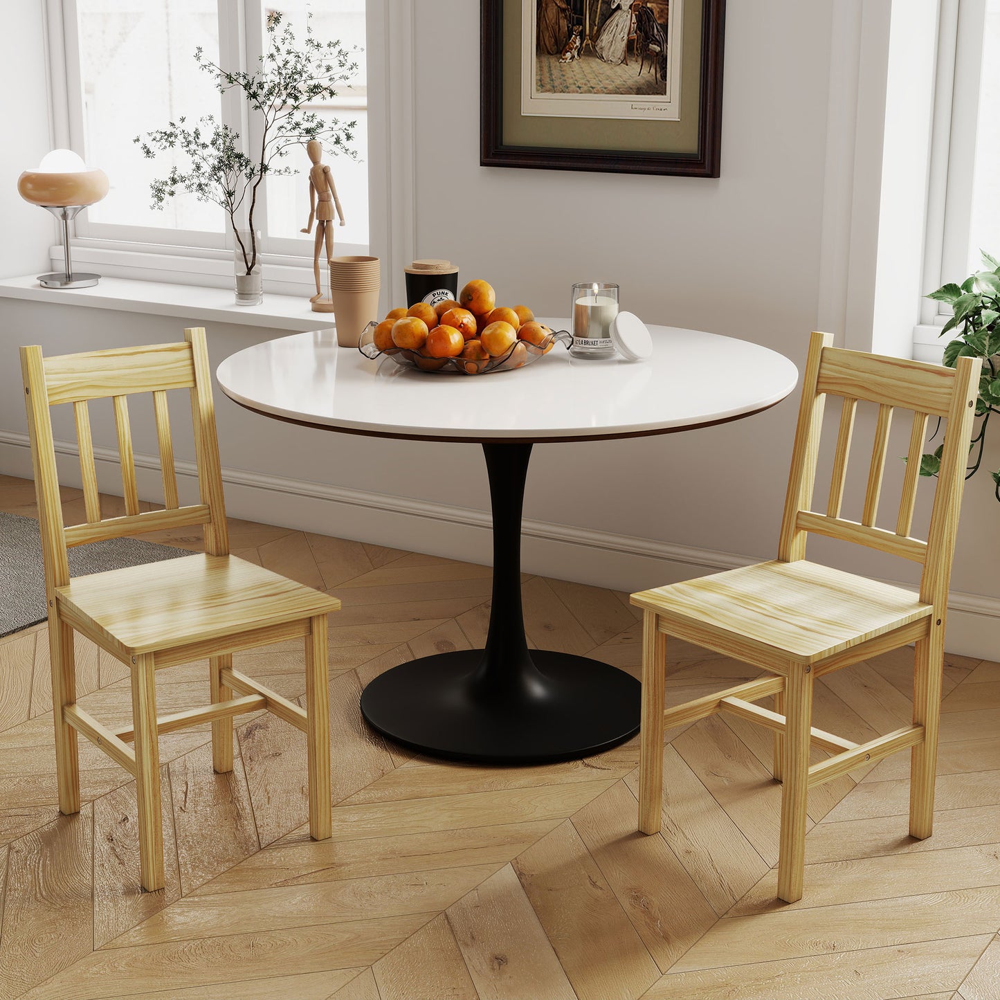 Dining Chairs Set of 2, Pine Wood Frame, Slat Back, Kitchen, Natural