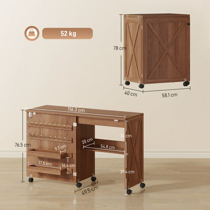 Folding Sewing Table, Craft Table with Storage compartments, Brown