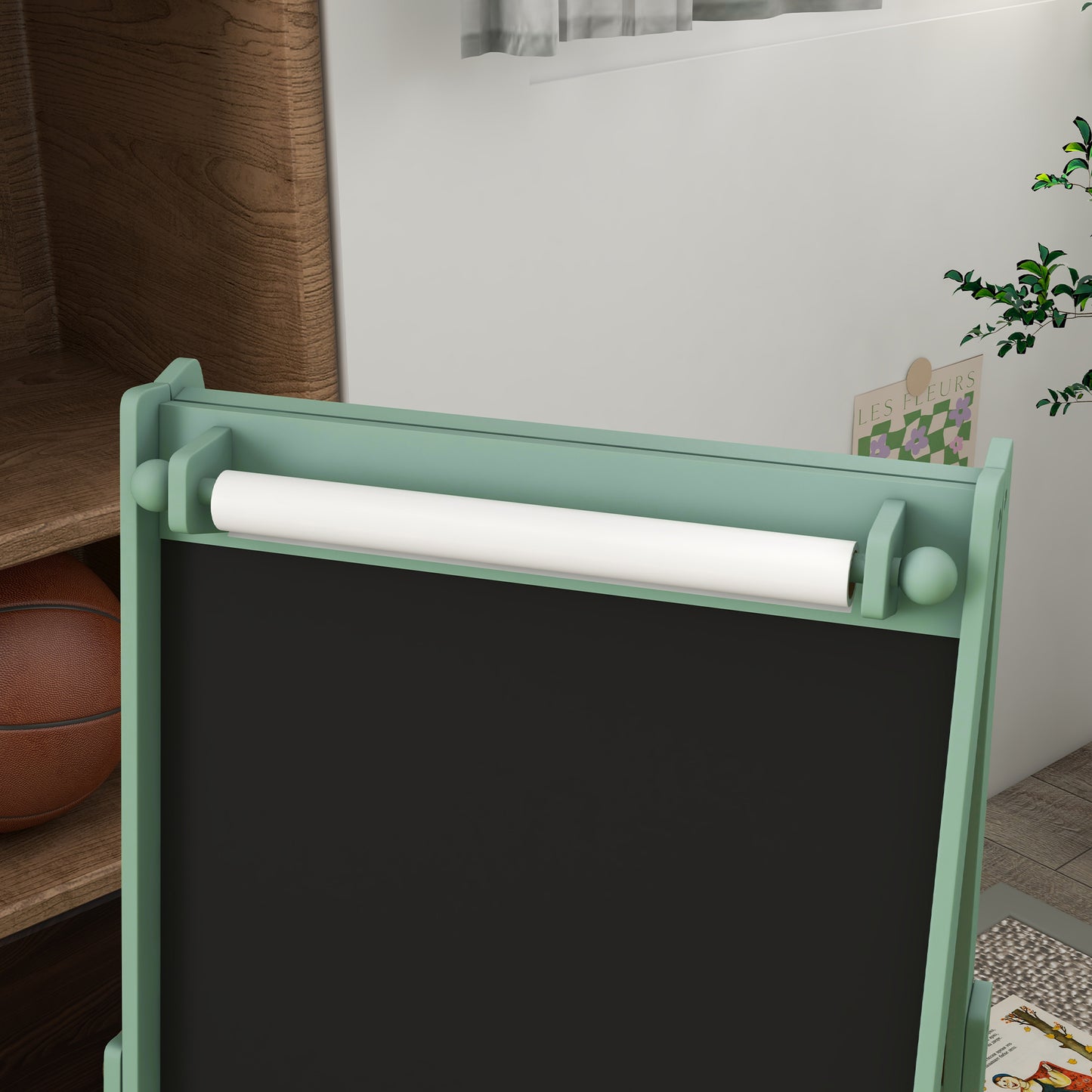 Kids Easel with Paper Roll, Blackboard, Whiteboard, Storage, Green