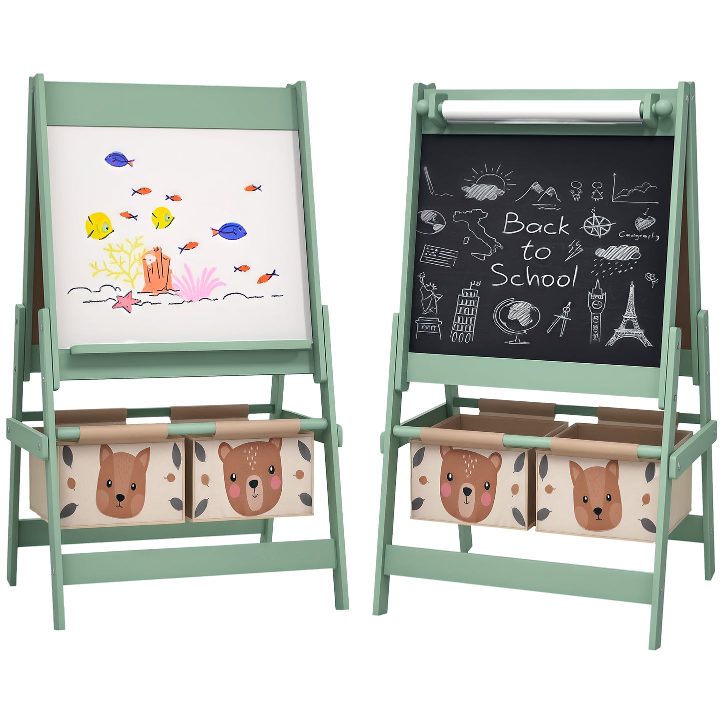 Kids Easel with Paper Roll, Blackboard, Whiteboard, Storage, Green