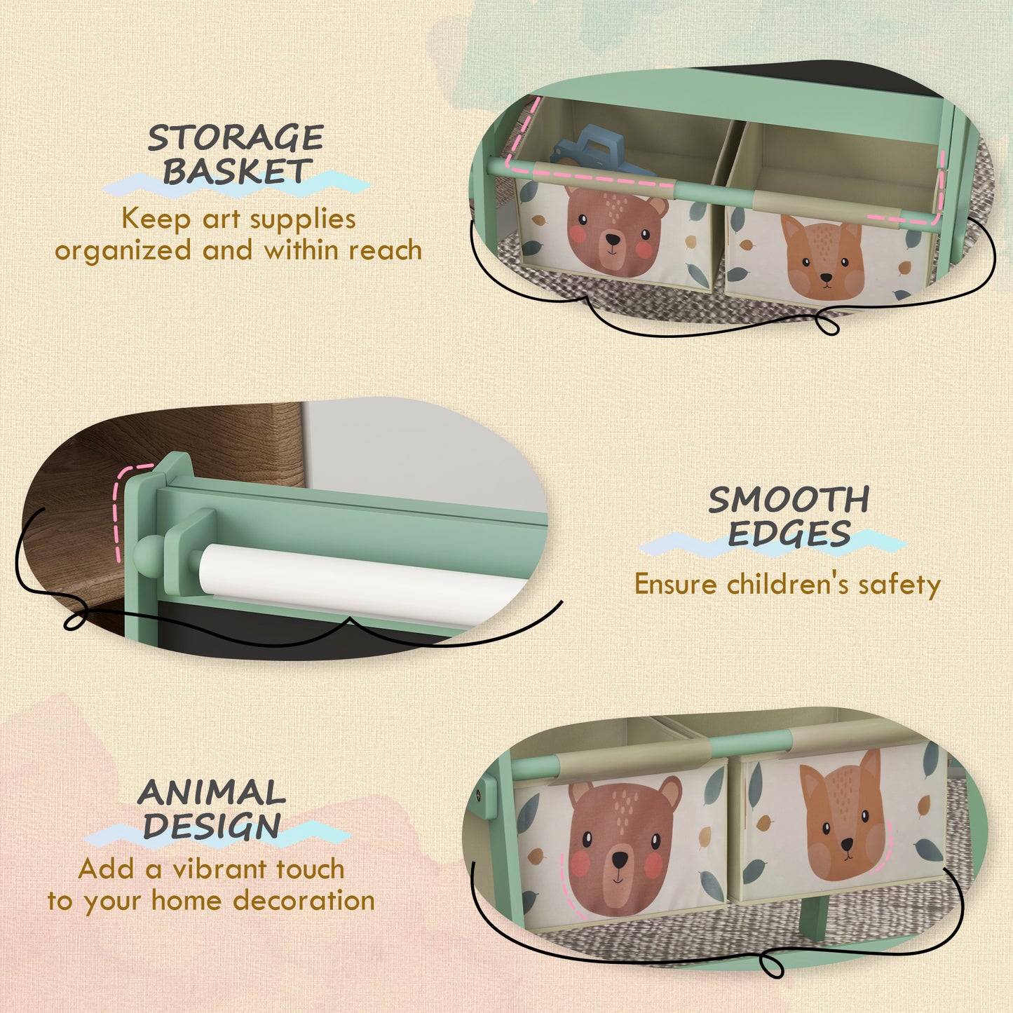 Kids Easel with Paper Roll, Blackboard, Whiteboard, Storage, Green