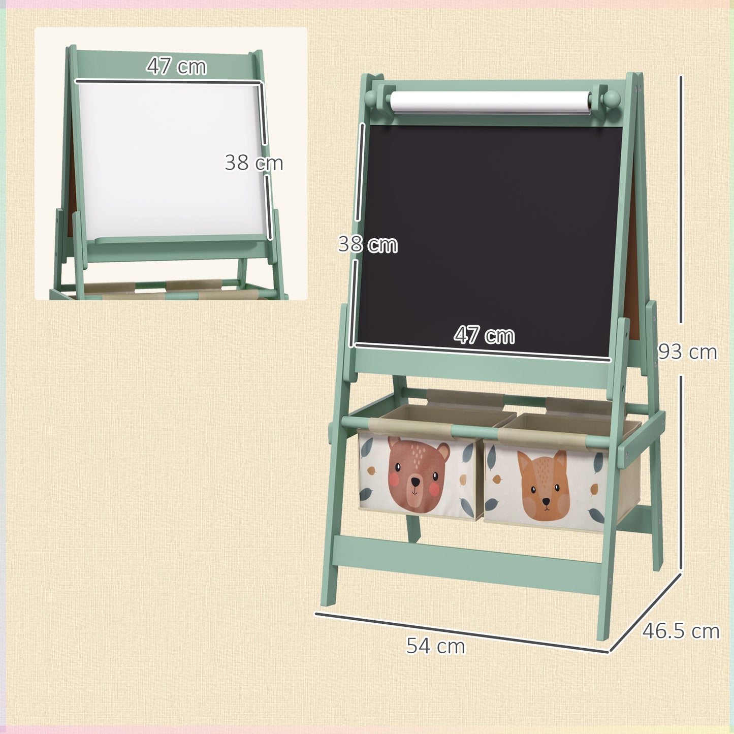 Kids Easel with Paper Roll, Blackboard, Whiteboard, Storage, Green