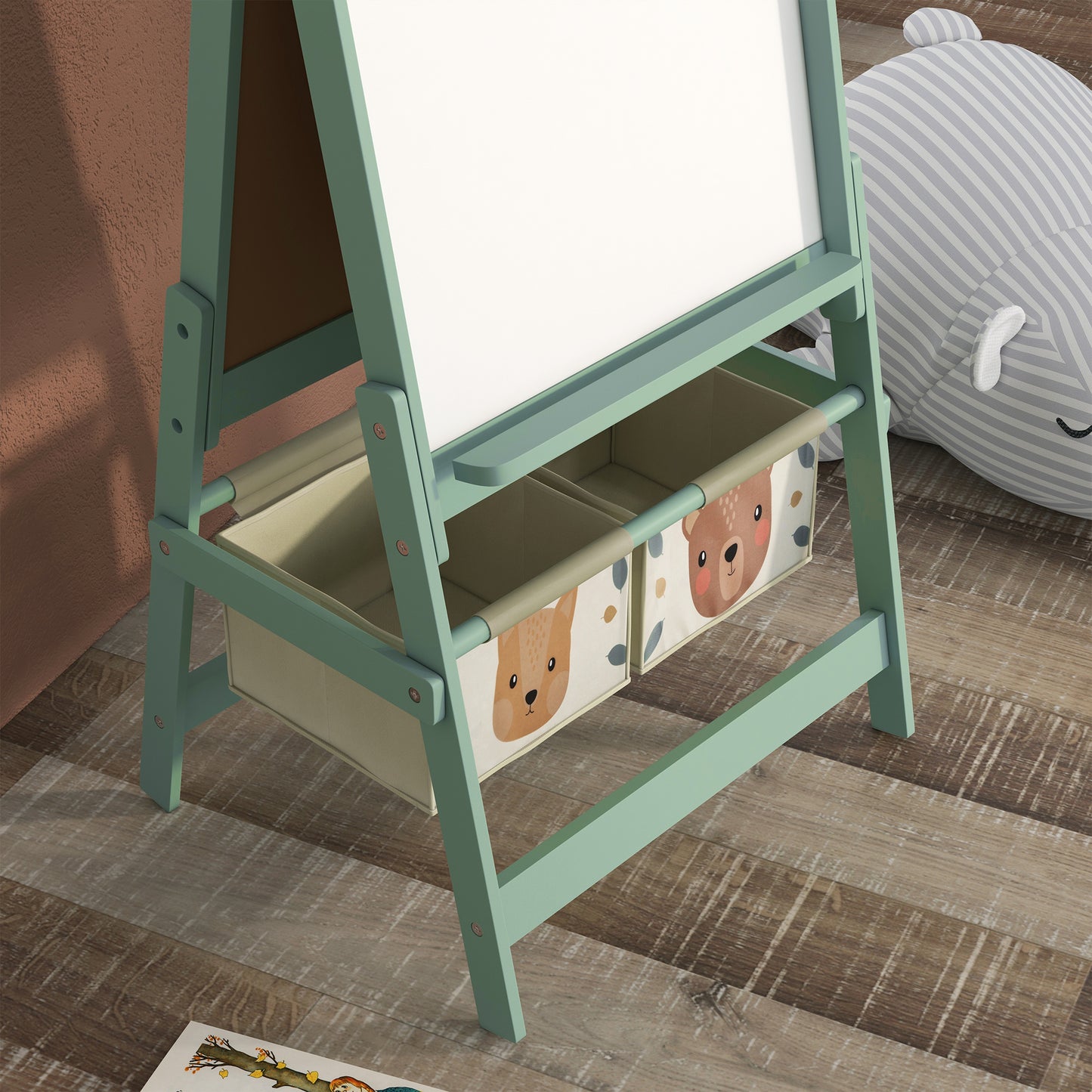 Kids Easel with Paper Roll, Blackboard, Whiteboard, Storage, Green