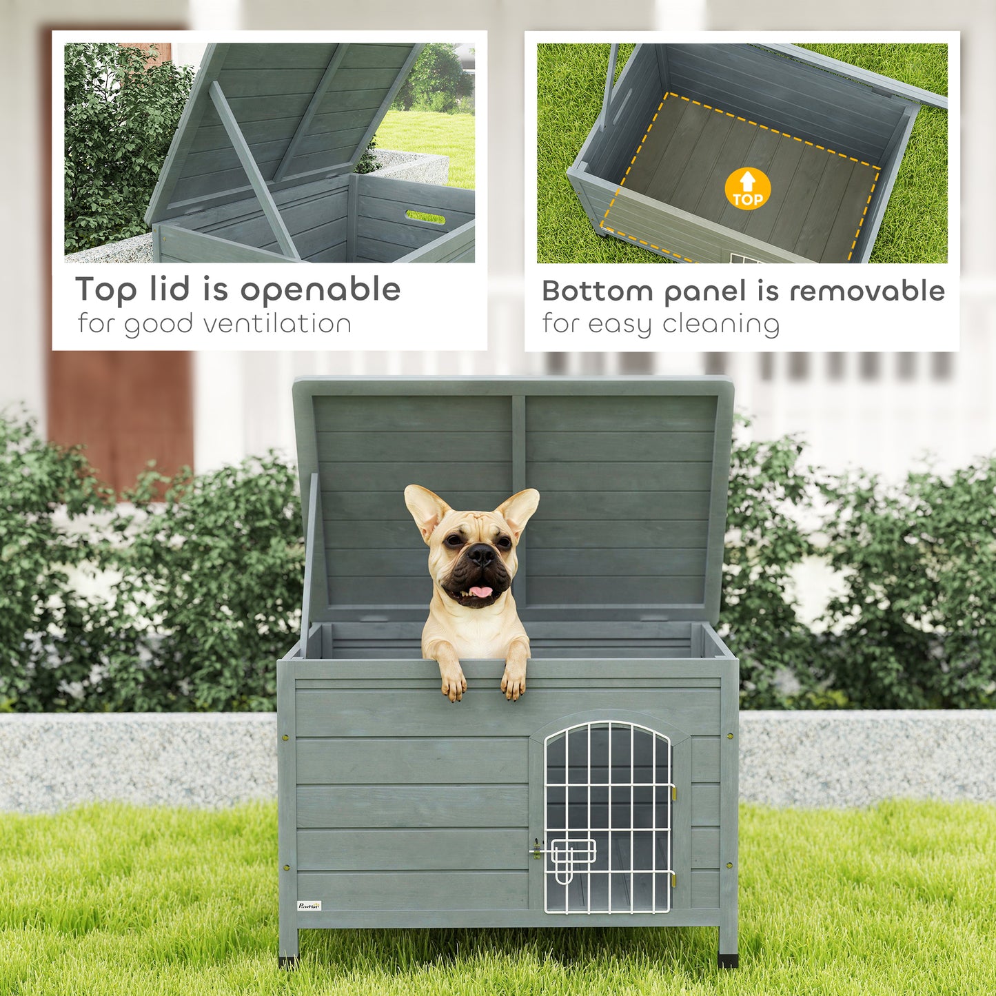 PawHut Wooden Dog House, Outdoor Dog Kennel w/ Removable Bottom, Dark Grey