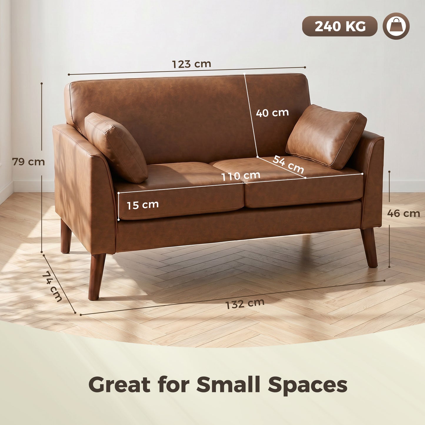 2 Seater Sofa, 132 cm Modern Small Sofa, PU Leather Upholstered Loveseat with Solid Wood Legs and 2 Pillows, Couch Settee for Small Space, Living Room, Bedroom, Home Office, Brown