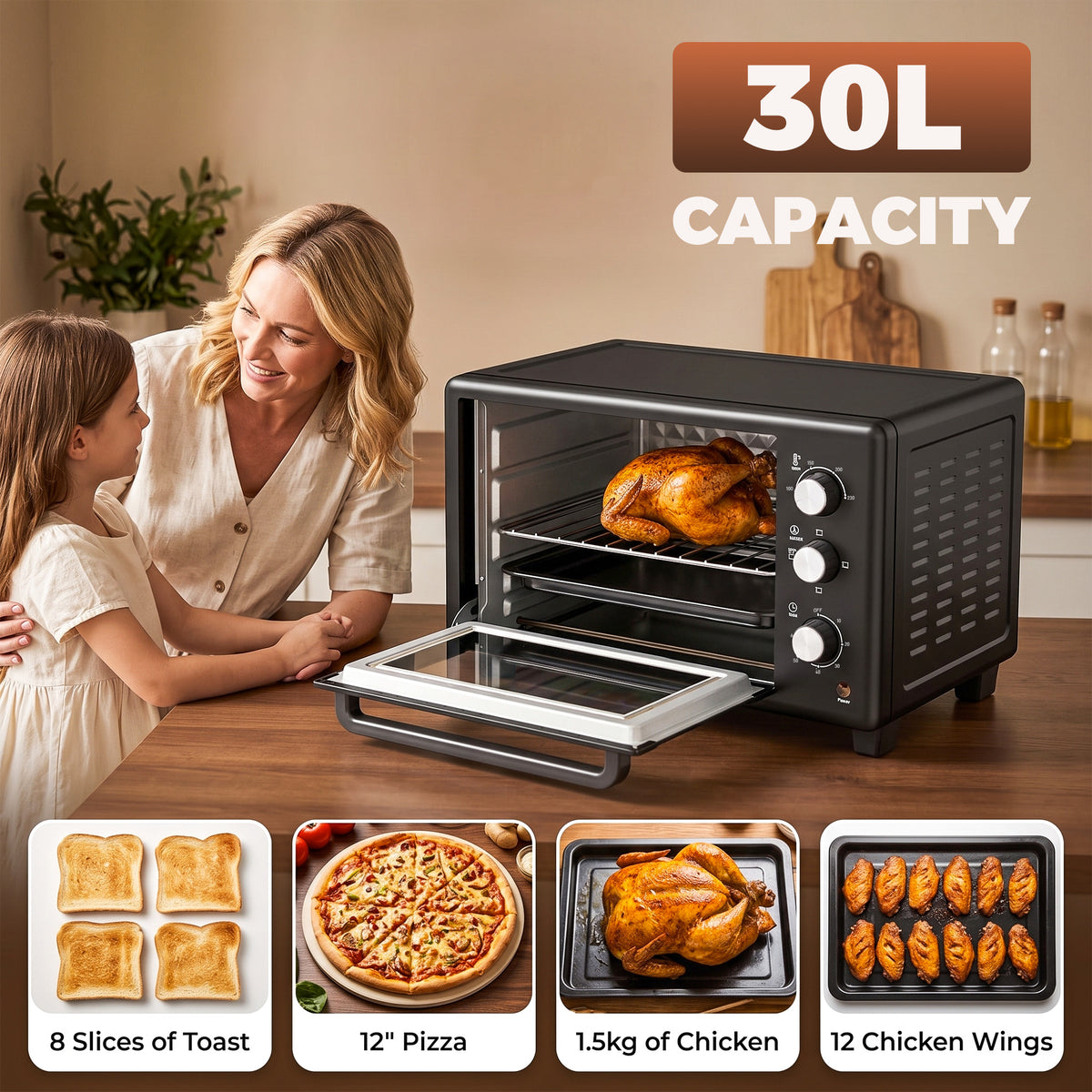 1600W 30L Mini Oven with Adjustable Temperature and 60-Minute Timer - Black