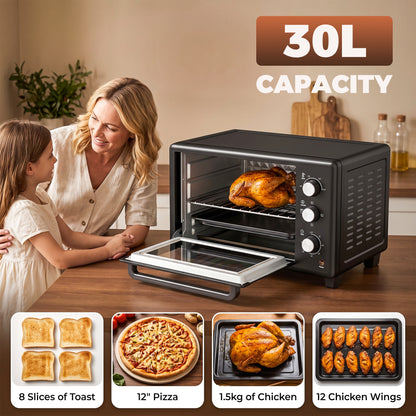 1600W 30L Mini Oven with Adjustable Temperature and 60-Minute Timer - Black