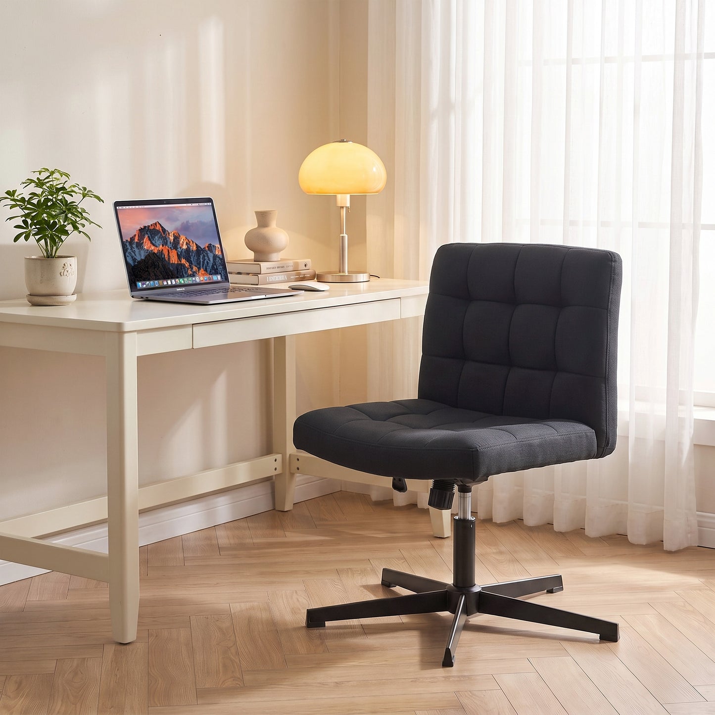 Armless Office Chair, Cross Legged Vanity Chair with Wide Seat, Black
