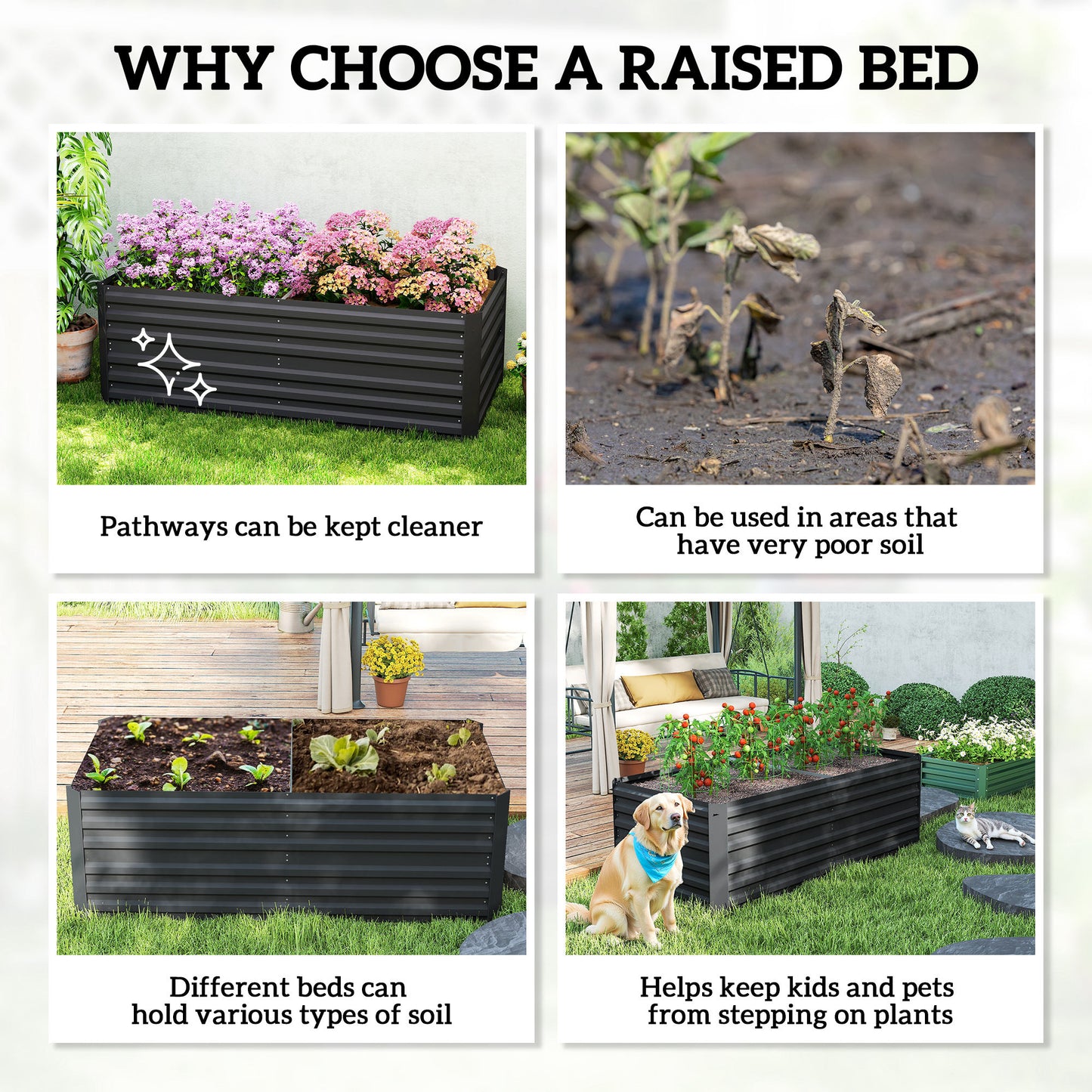Galvanised Steel Outdoor Raised Bed w/ Reinforced Rods, Black