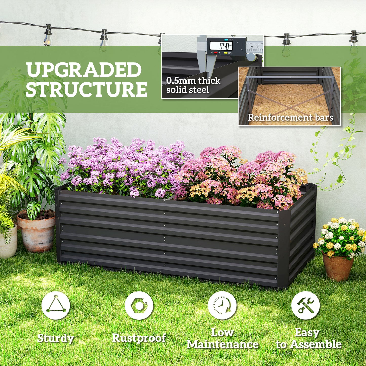 Galvanised Steel Outdoor Raised Bed w/ Reinforced Rods, Black