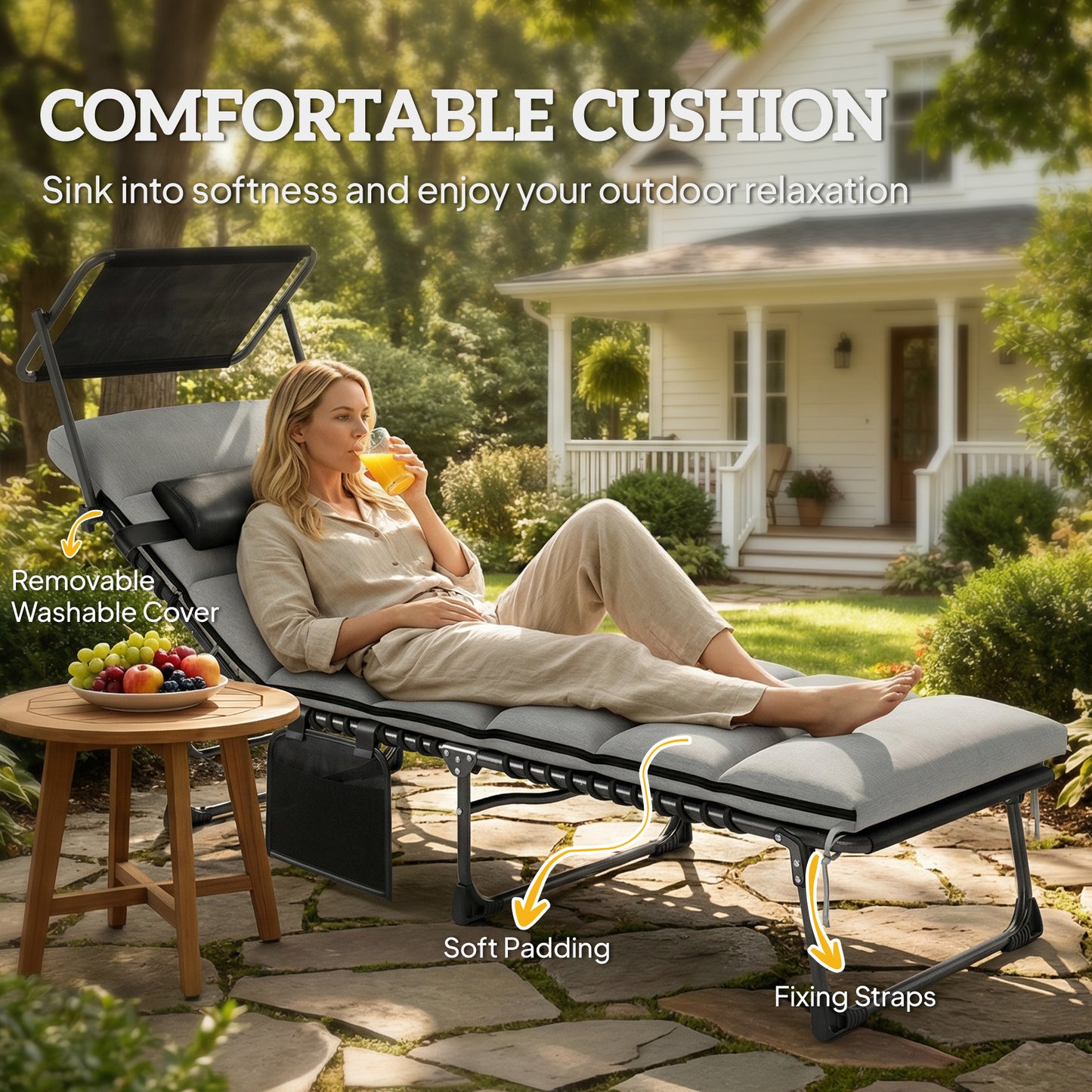 Folding Sun Lounger, Sunbed with Canopy, Light Grey