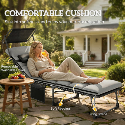 Folding Sun Lounger, Sunbed with Canopy, Light Grey