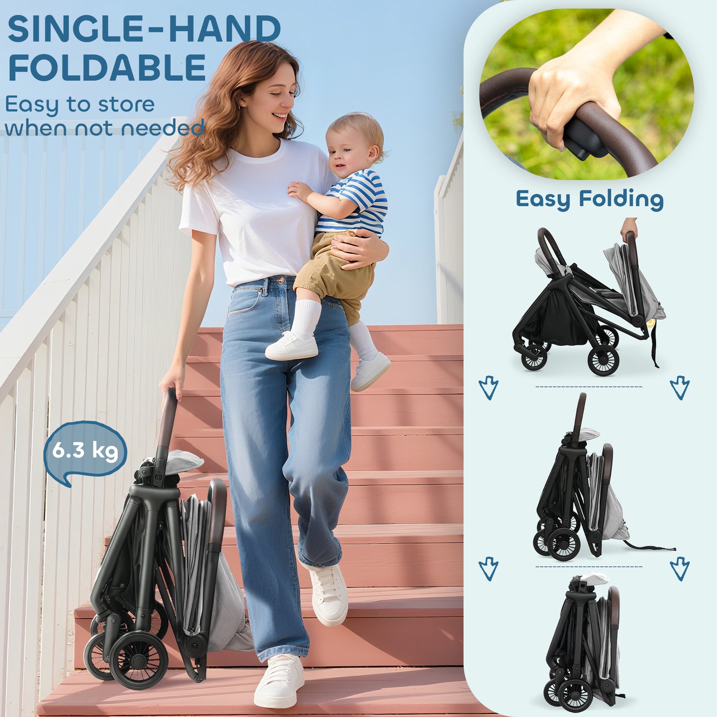 Baby Stroller with Adjustable Seat, Travel Pushchair, Light Grey