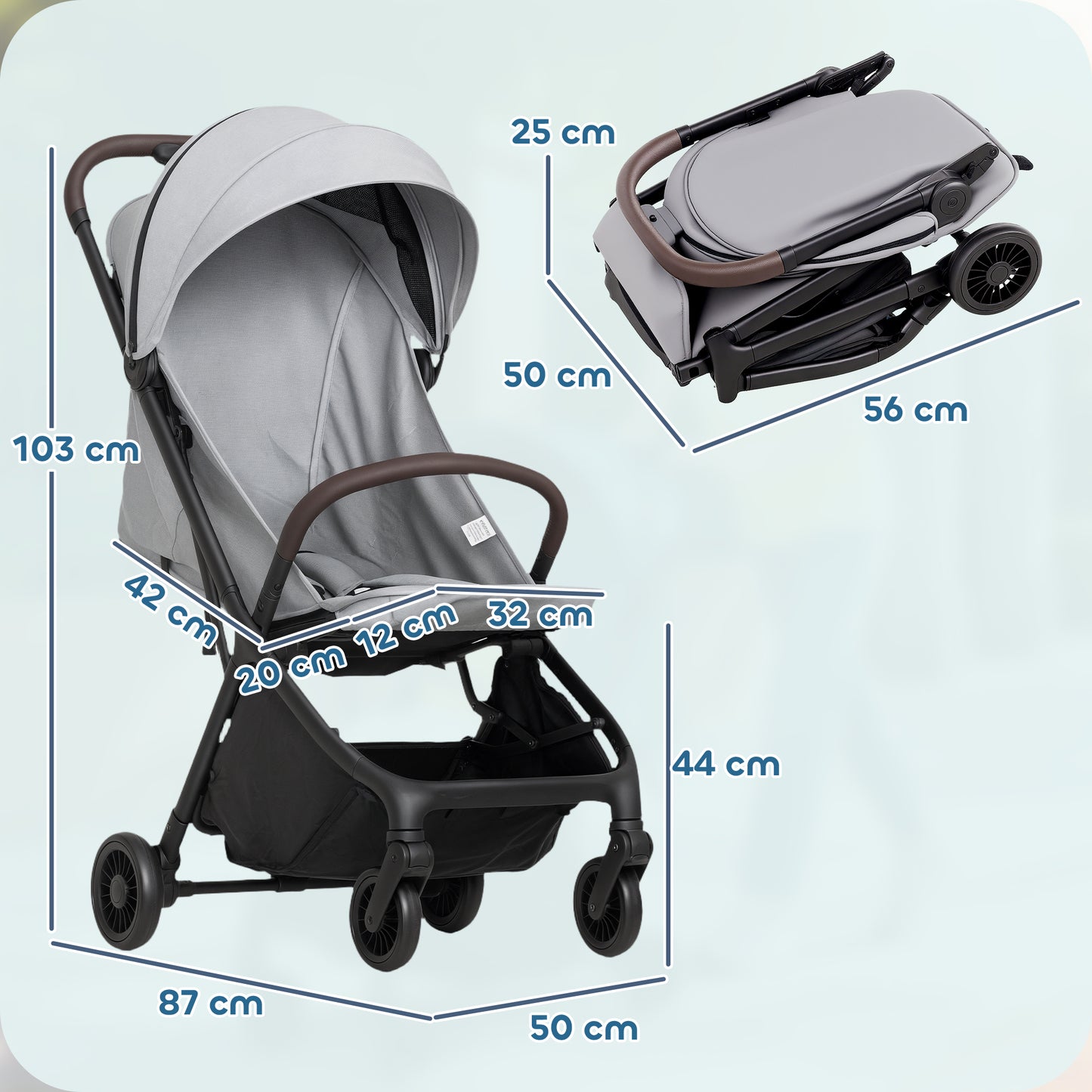 Baby Stroller with Adjustable Seat, Travel Pushchair, Light Grey