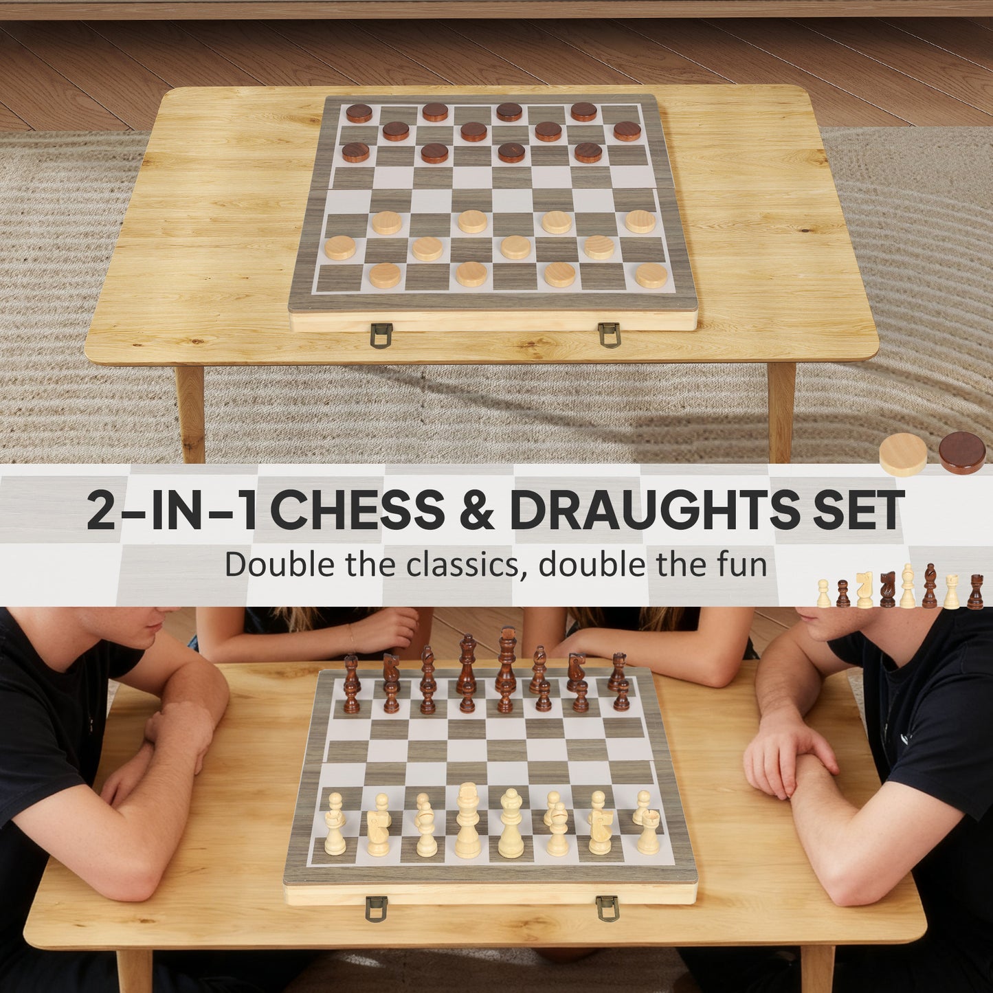 15 Inch Chess Set, Foldable Chess and Draughts Set, Brown