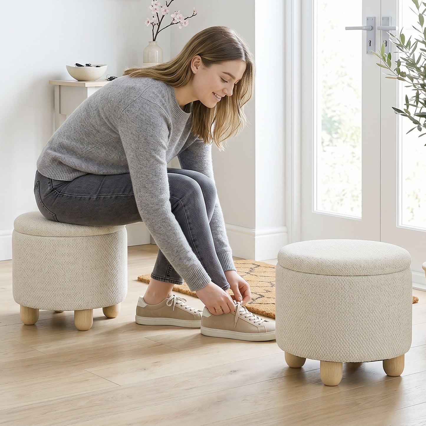 Round Storage Ottoman with Reversible Lid, Beige