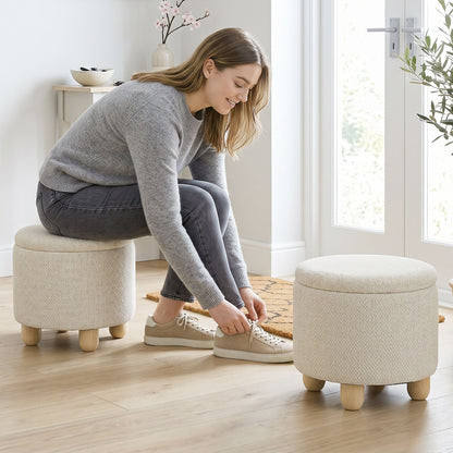 Round Storage Ottoman with Reversible Lid, Beige