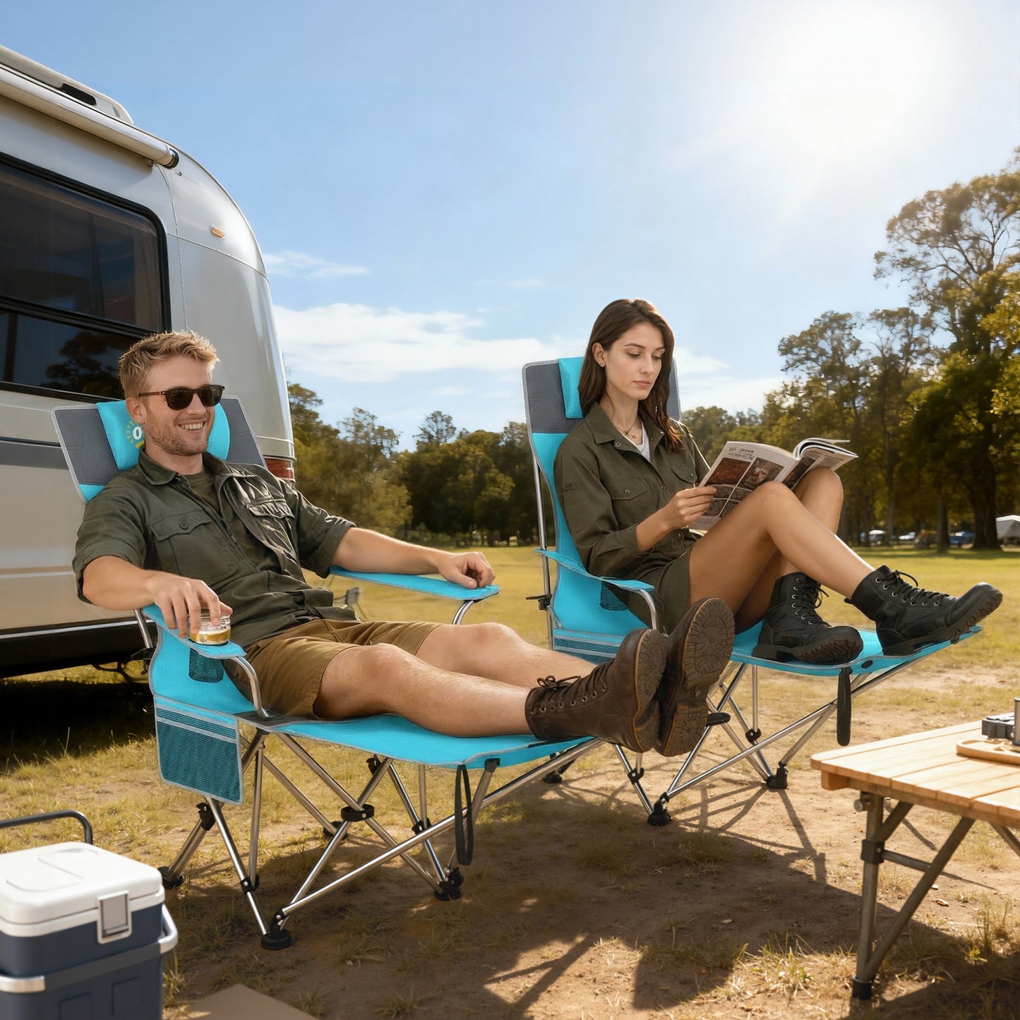 Set of 2 Reclining Camping Chairs, Blue and Grey