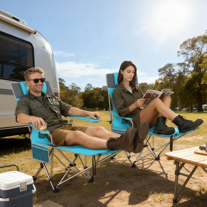 Set of 2 Reclining Camping Chairs, Blue and Grey