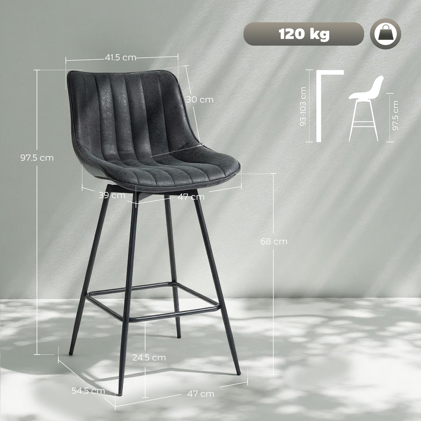 Swivel Bar Stools Set of 2, PU Leather Upholstered Bar Chairs, Black