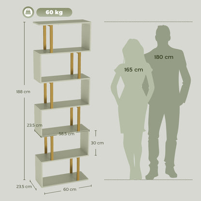 S-Shaped Bookshelf, 6-Tier Bookcase with Anti-Tip Strap, Light Green