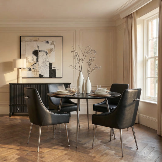 Mason Dining Chair Black Faux Leather - Brushed Silver Legs