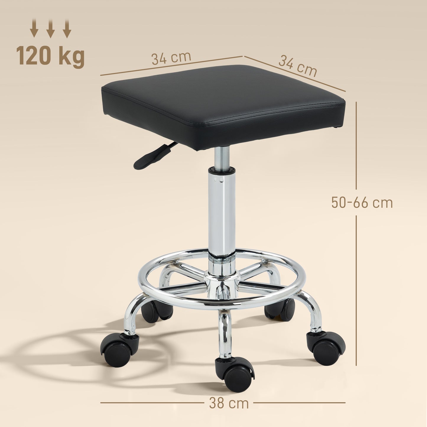 PU Leather Rolling Stool, Height Adjustable Salon Chair, Black
