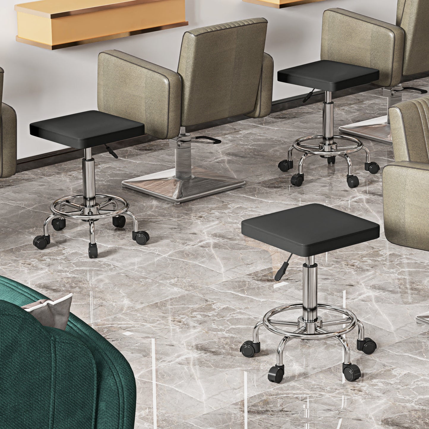 PU Leather Rolling Stool, Height Adjustable Salon Chair, Black