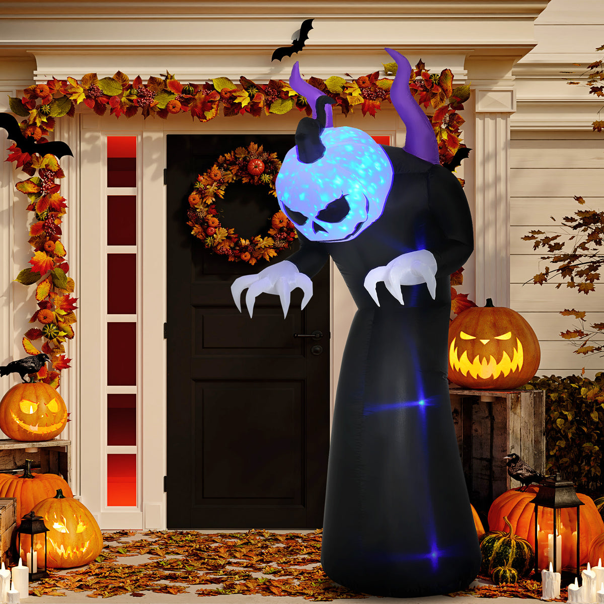 7' Inflatable Halloween Ghost with Horns Lighted Outdoor Decoration