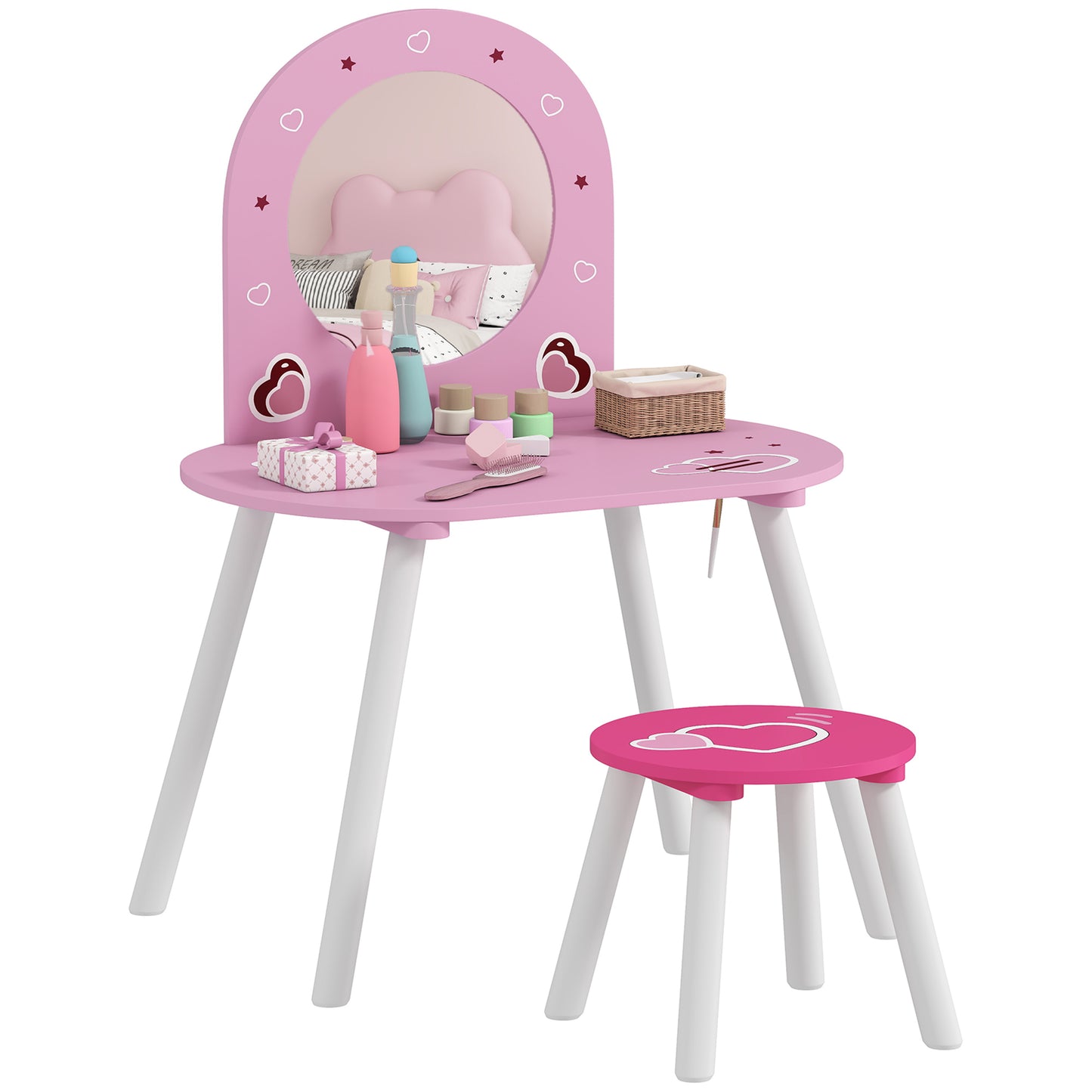 Kids Dressing Table with Mirror and Stool, Girls Vanity Set, Pink