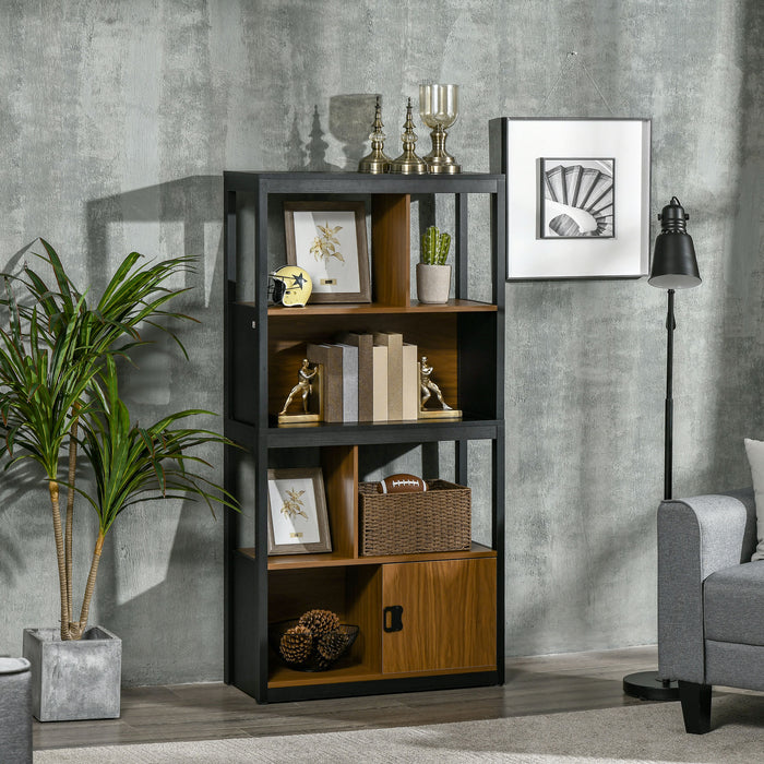 Modern 4-Tier Bookshelf, Freestanding Bookcase with Storage Shelving and Closed Cabinet, for Living Room Home Office Study, Walnut Brown