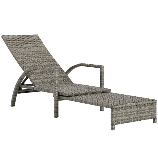 PE Rattan Sun Lounger with 4-Level Adjustable Backrest, Mixed-grey