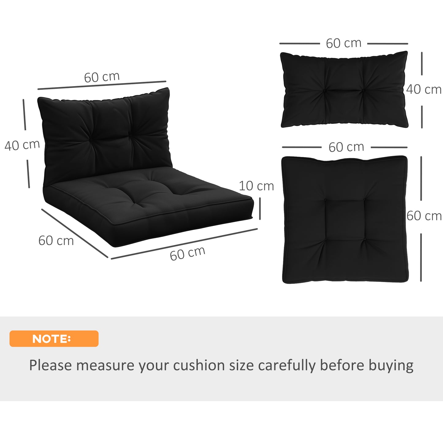 4pc Outdoor Seat Cushions Back Cushions, 60 x 60 x 10cm Water Repellent Seat Pads for Garden Patio Kitchen Office Chairs, Black