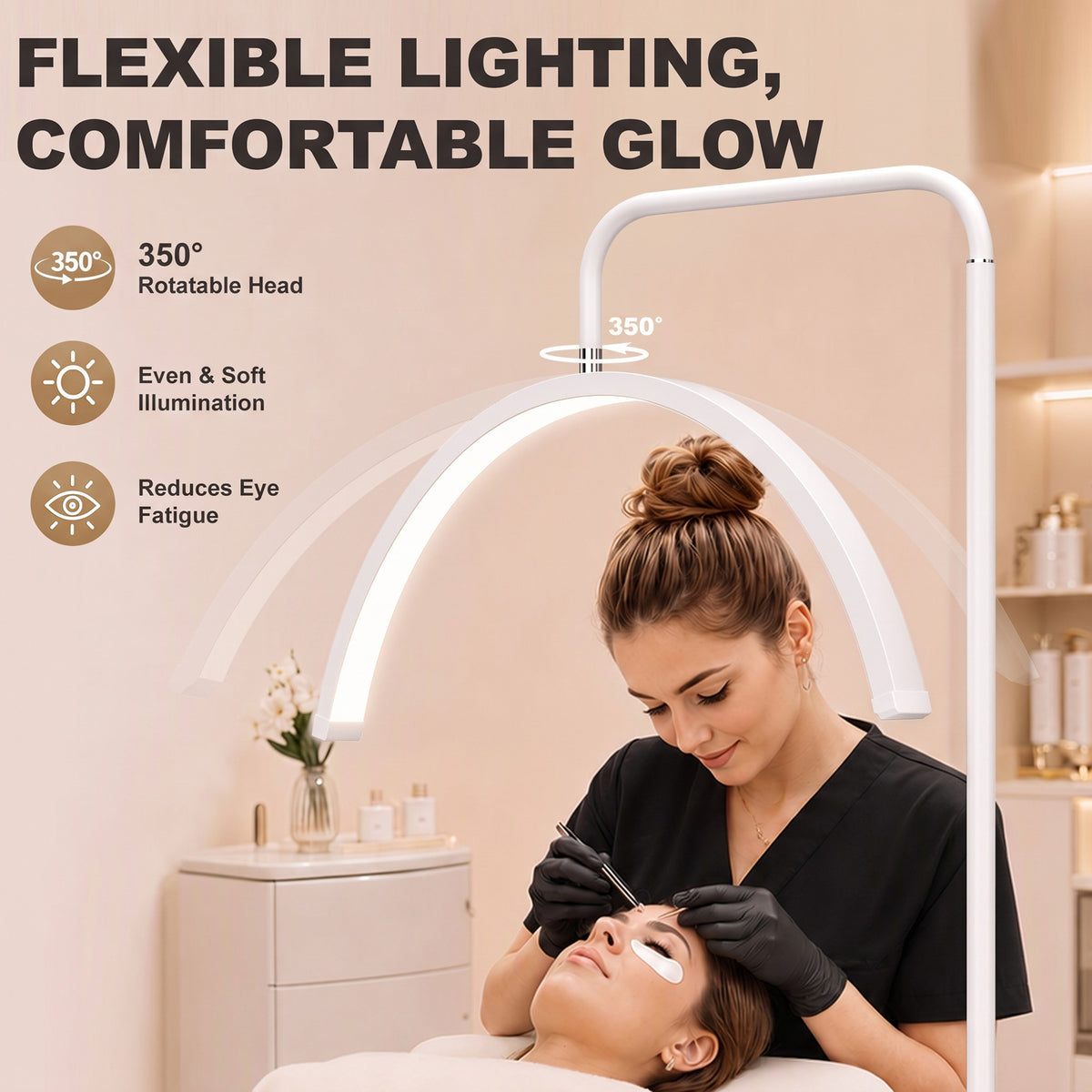 Half Moon Lash Light, Beauty Floor Lamp with Rotatable Head