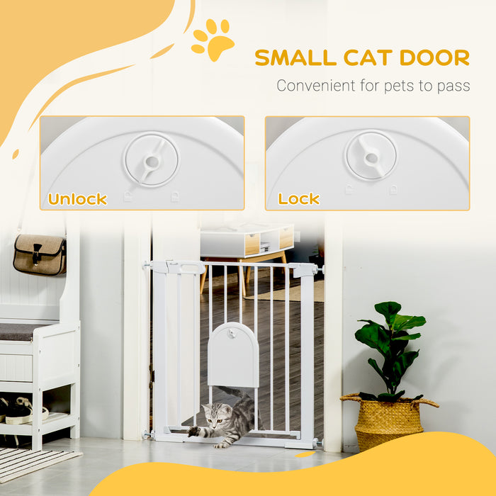 75-82cm Pet Safety Gate with Double Locking, Pressure Fit Stair with Cat Flat for Doorways, Hallways, White