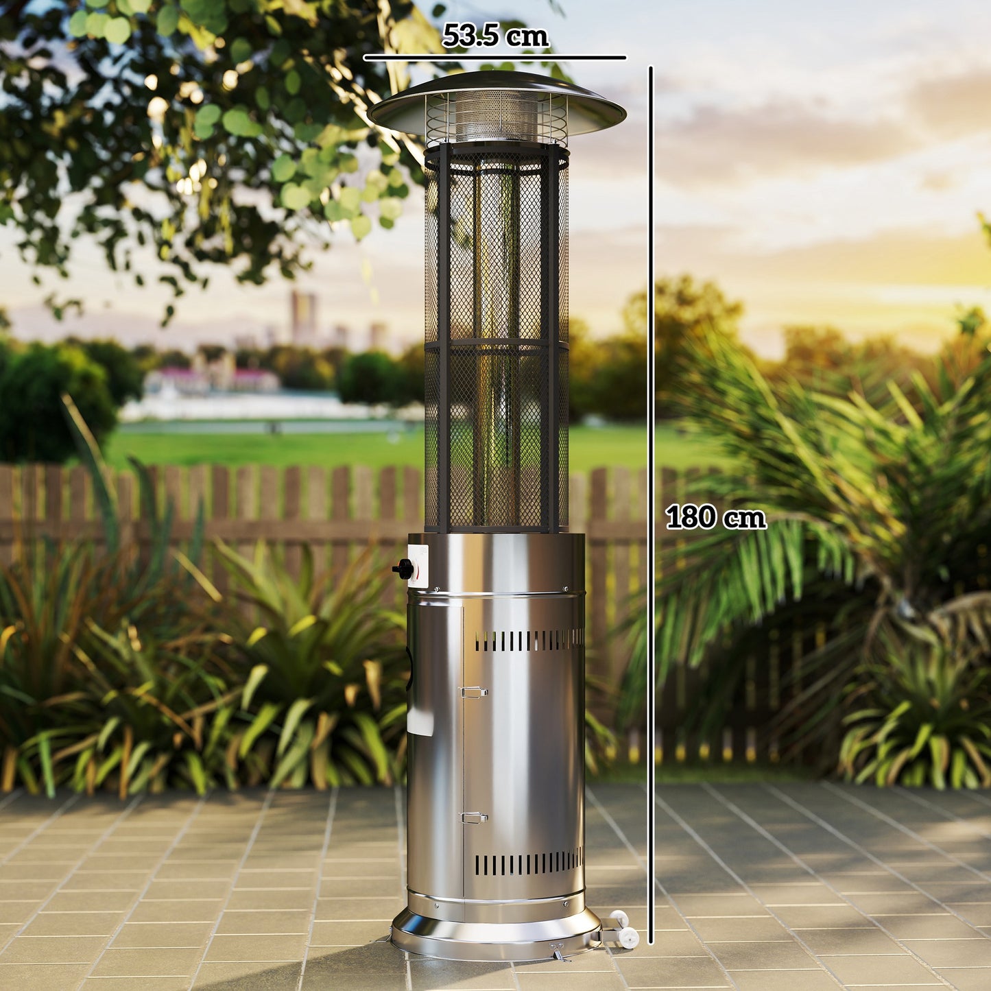 11 KW Freestanding Gas Patio Heater, Adjustable Outdoor Garden Propane Heater with Tip-Over Switch, Wheels, Pulse Ignition, Tank Room with Openable Door, Silver Tone