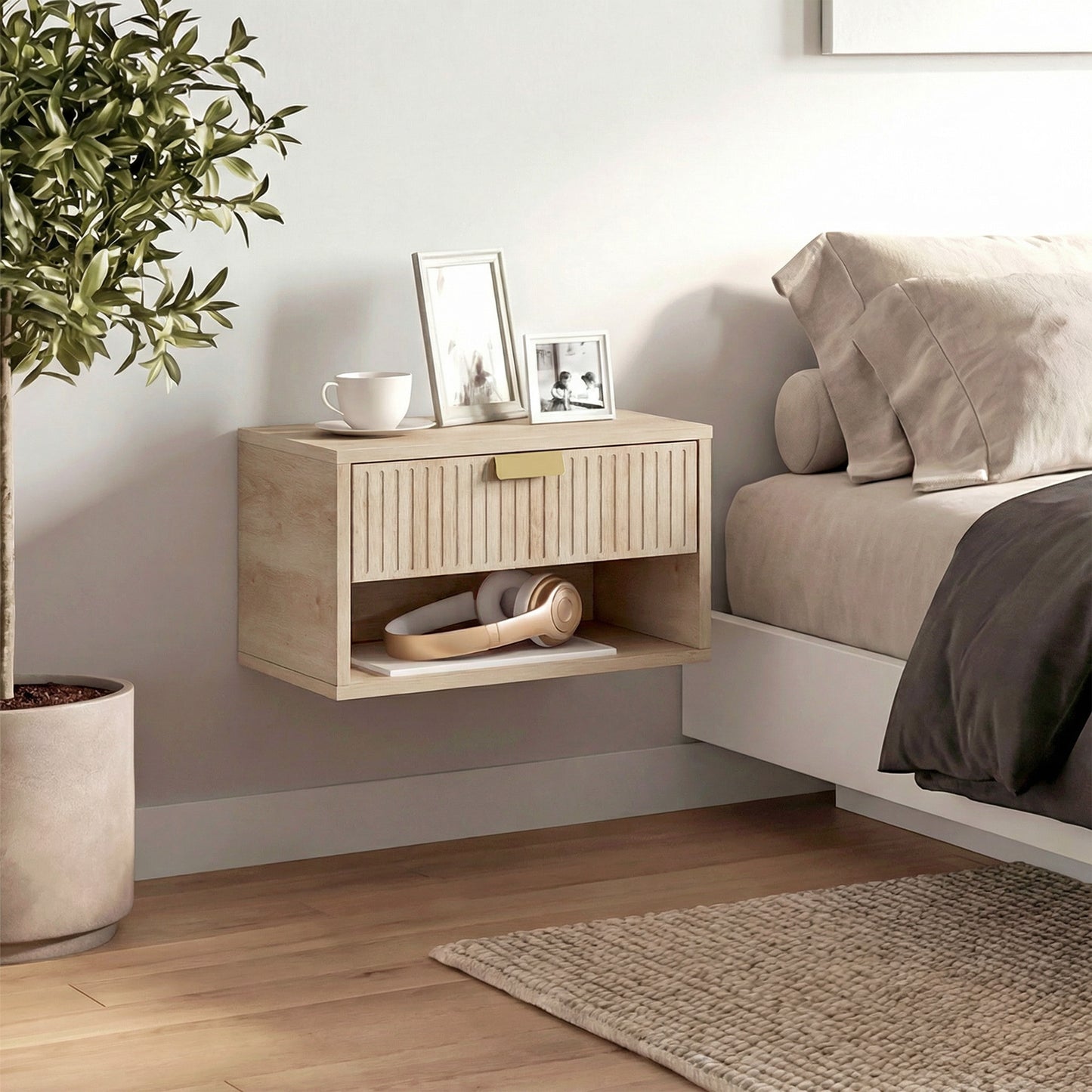 Floating Bedside Tables Set of 2 with Fluted Drawer Open Shelf Oak