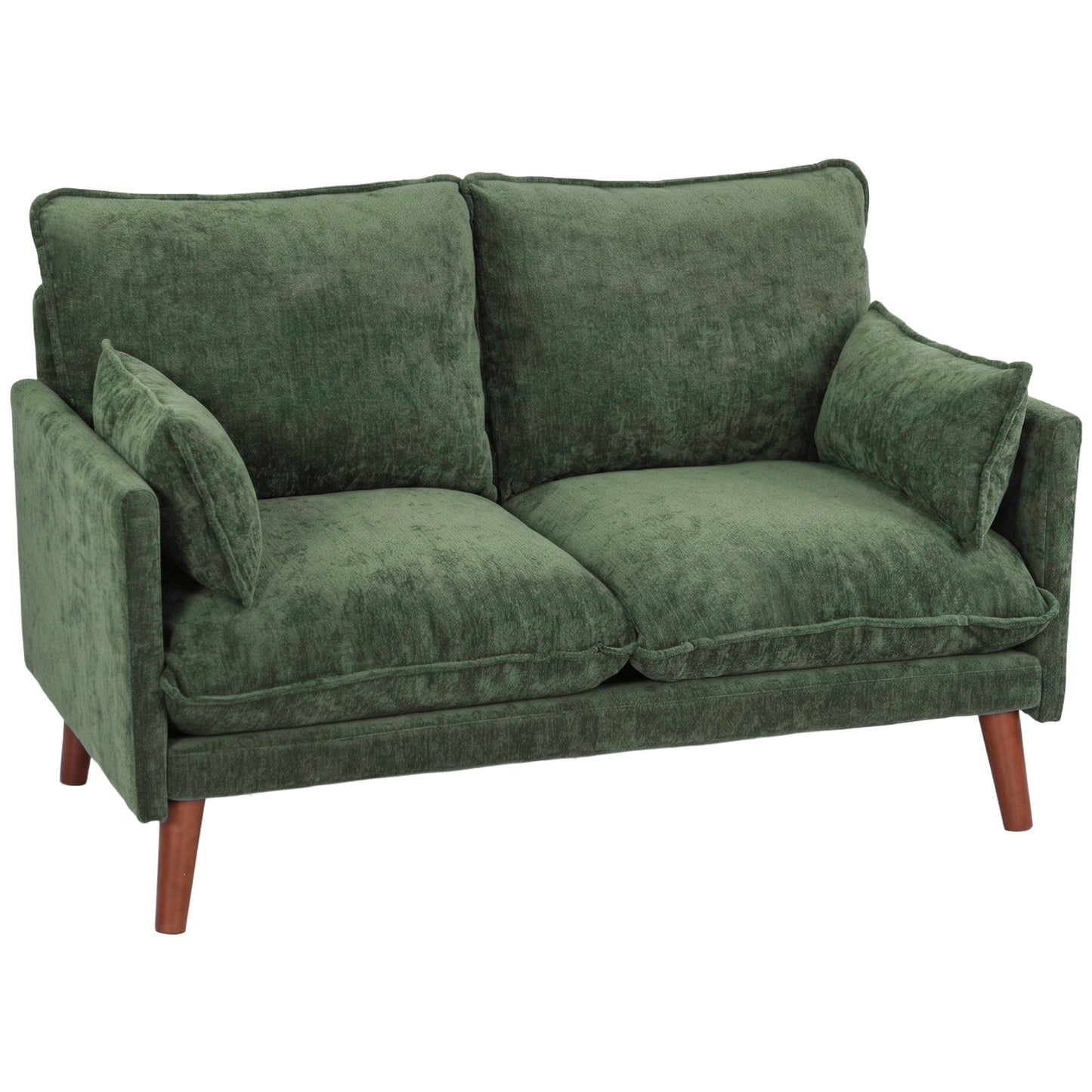 2 Seater Sofa, 131cm Velvet-Feel Fabric Loveseat Sofa with Spring Cushions, Wide and Deep Seat, Wood Legs, 2 Pillows, Modern Couch Settee for Small Space, Living Room, Bedroom, Office, Green