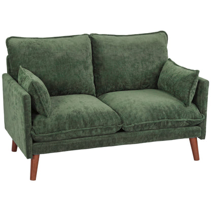2 Seater Sofa, 131cm Velvet-Feel Fabric Loveseat Sofa with Spring Cushions, Wide and Deep Seat, Wood Legs, 2 Pillows, Modern Couch Settee for Small Space, Living Room, Bedroom, Office, Green